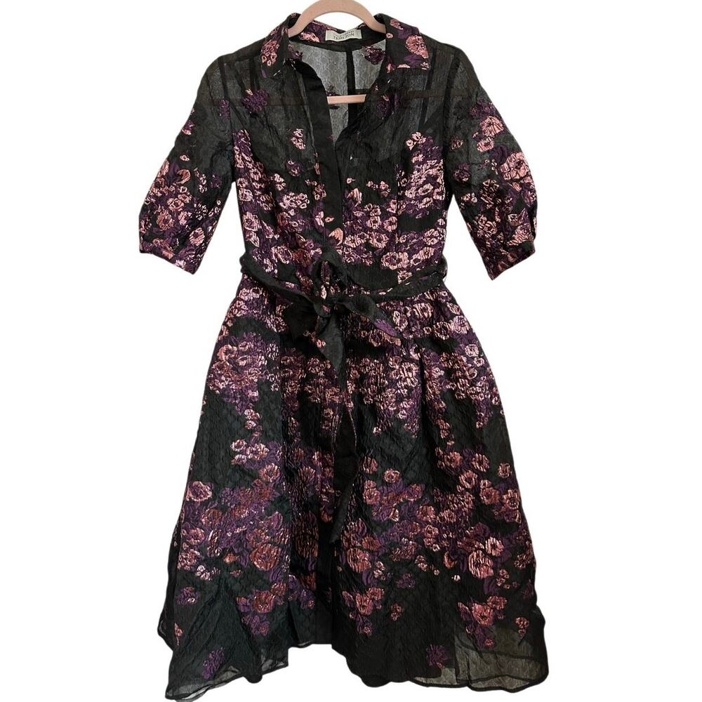 Rickie Freeman Teri Jon Metallic Jacquard Shirt Dress Floral‎ Print Size S 4/6 - Picture 4 of 16